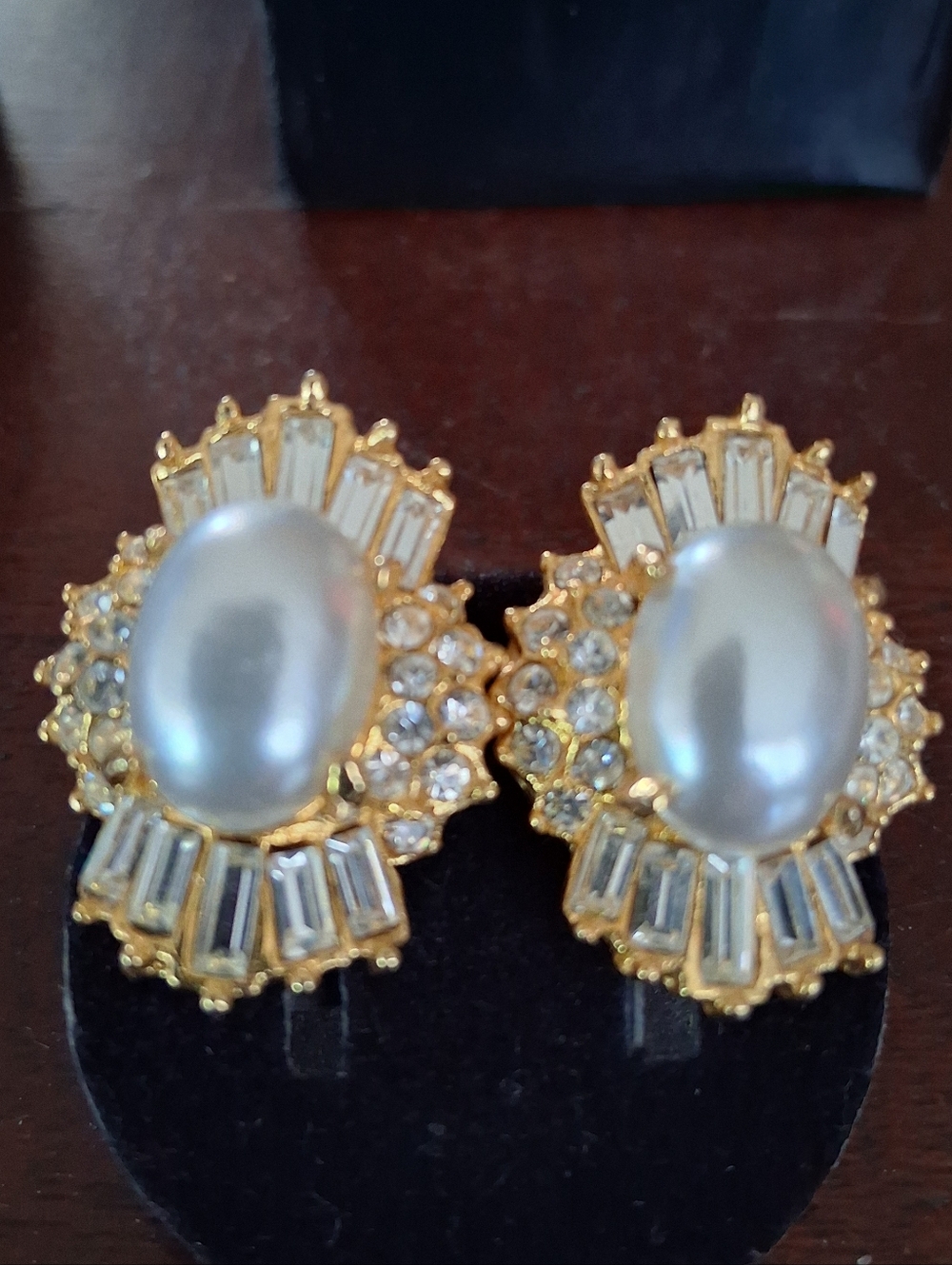 Elegant Gold Tone Pearl And CZ Clip On Earrings